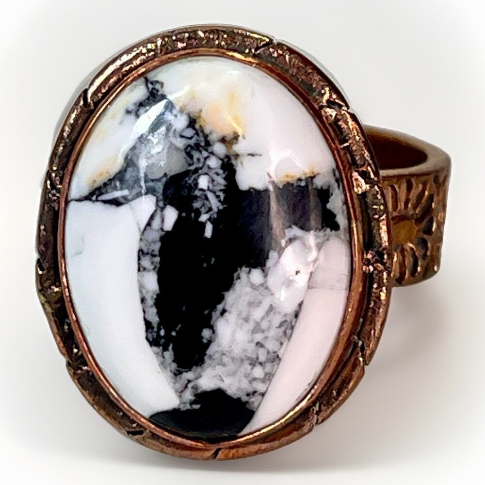 White Buffalo Turquoise Southwestern Copper Cigar Band Adjust Ring Hand Stamped